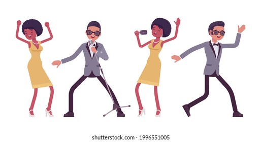 Musician, jazz, rock and roll performers man, woman dancing, singing. Blues band or pop music artists instrumental accompaniment. Vector flat style cartoon illustration isolated on white background