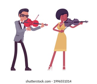 Musician, jazz, rock and roll performers man, woman playing violin. Blues band or pop music artists instrumental accompaniment. Vector flat style cartoon illustration isolated on white background