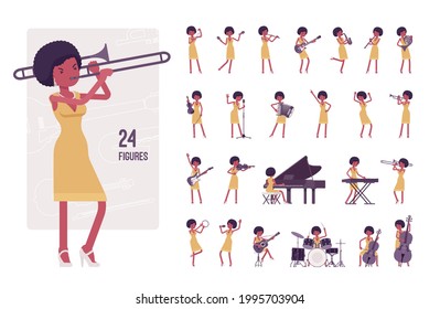 Musician, jazz woman playing musical instruments, character set, pose sequences. Synthesizer grand piano guitar double bass drum violin. Full length, different views, gestures, emotions, position