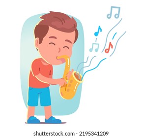 
Musician kid playing saxophone music instrument. Artist performer boy child person hold blowing in sax wind musical instrument. Performance, talent concert entertainment show flat vector illustration