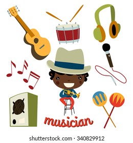 musician kid set. cute profession character.