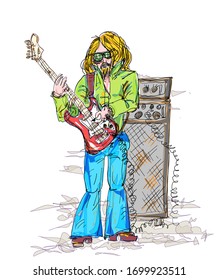 A musician with a lead guitar in the style of the 60s, with long hair and flared jeans. Vector.