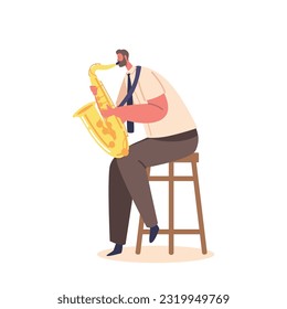 Musician Male Character Playing Saxophone Sitting on Chair Isolated on White Background, Vector Illustration