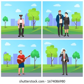 Musician male holding acoustic guitar instrument vector. People in park surrounded by trees and bushes. Businessman and couple, teenager female character