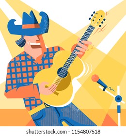 Musician man in American cowboy hat and blue jeans style palying the guitar and singing. Vector music festival poster country music