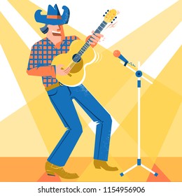 Musician man in American cowboy hat palying the guitar and singing. Vector music festival country poster