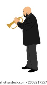 Musician man play trumpet on stage vector illustration isolated on white. Music male. Jazz man. Bugler artist street performer. Trumpeter artist. Traditional folklore blow instrument.