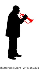 Musician man play trumpet on stage vector silhouette illustration isolated on white. Music male. Jazz man. Bugler artist street performer. Trumpeter shape shadow. Traditional folklore instrument.