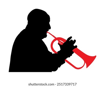 Músico homem tocar trompete no palco vetor silhueta ilustração isolado no branco. Música masculina. Homem de jazz. Artista de Bugler artista de rua. Sombra em forma de trompetista. Instrumento tradicional do folclore.