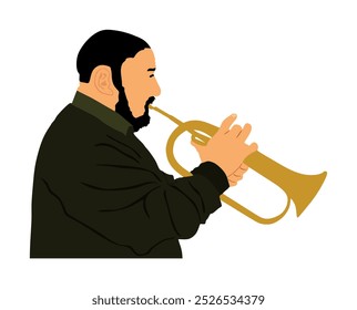 El hombre del músico toca la trompeta en la Ilustración vectorial del escenario aislada en blanco. Música masculina. Hombre Jazz. Artista callejero Bugler. Artista trompetista. Instrumento de soplado de folclore tradicional.