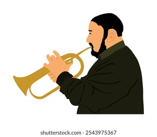 El hombre del músico toca la trompeta en la Ilustración vectorial del escenario aislada en blanco. Música masculina. Hombre Jazz. Artista callejero Bugler. Artista trompetista. Instrumento de soplado de folclore tradicional.