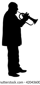 Musician man play trumpet on stage vector silhouette illustration isolated on white. Music male. Jazz man. Bugler artist street performer. Trumpeter shape shadow. Traditional folklore instrument.