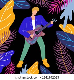 Musician man playing guitar, bright flat doodle vector illustration with guitarist and musical instrument