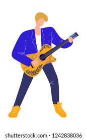 Musician man playing guitar, isolated flat doodle vector illustration with guitarist and musical instrument on a white background