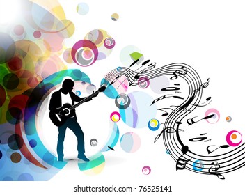 A musician man playing a guitar with musical notes background.