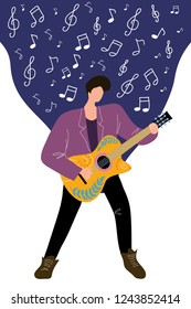 Musician man playing guitar with notes and treble clef, isolated flat doodle vector illustration with guitarist on a white background