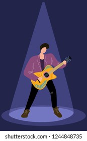 Musician man playing guitar in the spotlight on stage , isolated flat doodle vector illustration