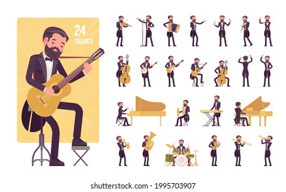 Musician, man playing music, musical instruments, character set, pose sequences. Grand piano guitar double bass drum violin orchestra. Full length, different views, gestures, emotions, position