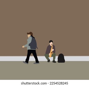Musician man playing the saxophone for donating money and coins on city street. Unemployed musician.