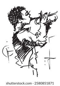 Musician. Man playing the trumpet. Sketch of a guy with a trumpet. Musical illustration