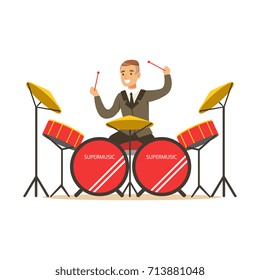 Musician man wearing a classic suit playing drums behind the drum kit vector Illustration