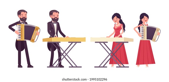 Musician, man, woman playing accordion, synthesizer keyboard instruments. Classical music event, concert, wedding party performance. Vector flat style cartoon illustration isolated, white background