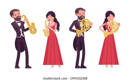 Musician, man, woman playing saxophone, professional wind instruments. Classical music event, concert, wedding party art performance. Vector flat style cartoon illustration isolated, white background