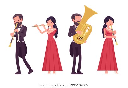 Musician, man, woman playing trumpet, professional wind instruments. Classical music event, concert, wedding party art performance. Vector flat style cartoon illustration isolated, white background