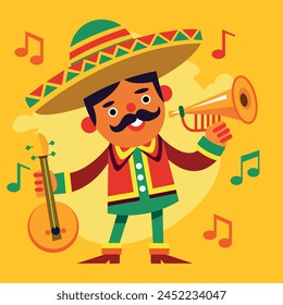 A musician in Mexican national costume plays a trumpet and holds a violin. Cinco de mayo.