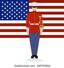 Musician Military Orchestra of the USA against the background of the USA flag. The illustration on a white background.