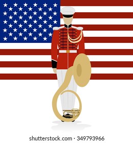 Musician Military Orchestra of the USA against the background of the USA flag. The illustration on a white background.