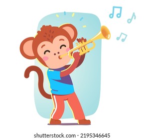 Musician monkey animal playing music trumpet. Artist mascot kid cartoon character hold blowing in wind musical instrument. Performance, concert entertainment show concept flat vector illustration