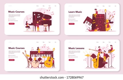 Musician and music course web banner or landing page set. Young performer playing music with professional equipment. Talented musician playing musical instrumentss. Vector illustration.