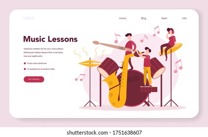 Musician and music course web banner or landing page. Young performer playing music with professional equipment. Talented musician playing musical instrumentss. Vector illustration.
