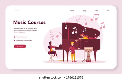 Musician and music course web banner or landing page. Young performer playing music with professional equipment. Talented musician playing musical instrumentss. Vector illustration.