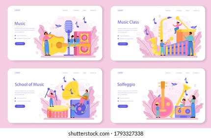 Musician and music course web banner or landing page set. Young performer playing music with professional equipment. Talented musician playing musical instrumentss. Vector illustration.