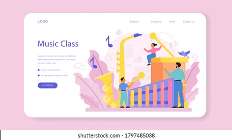 Musician and music course web banner or landing page. Young performer playing music with professional equipment. Talented musician playing musical instrumentss. Vector illustration.