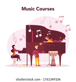 Musician and music course. Young performer playing music with professional equipment. Talented musician playing musical instrumentss. Vector illustration.