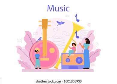 Musician and music course. Young performer playing music with professional equipment. Talented musician playing musical instrumentss. Vector illustration.