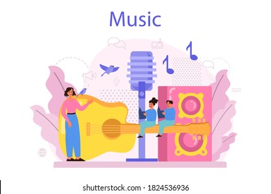 Musician and music course. Young performer playing music with professional equipment. Talented musician playing musical instrumentss. Vector illustration.