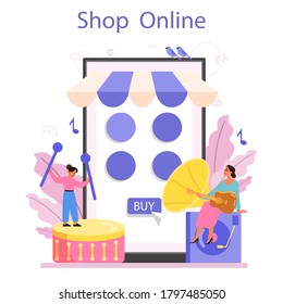 Musician and music online service or platform. Young performer playing music with professional equipment. Online shop. Vector illustration.