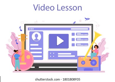 Musician and music online service or platform. Young performer playing music with professional equipment. Video lesson. Vector illustration.