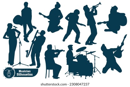 Musician or Musical bands Black Silhouettes Vector illustration