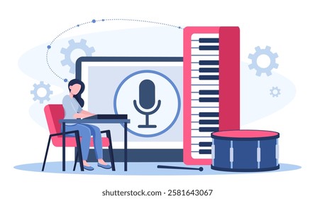 Musician online concept. Woman with synthesizer and drum. Creativity and art. Hobby and leisure. Music production and concert on internet, performance. Flat vector illustration