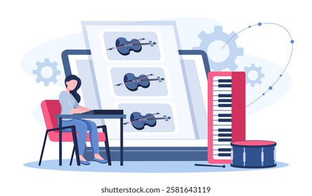 Musician online concept. Woman with synthesizer and drum composing music. Concert and musical performance on internet. Pianist playing songs and melodies. Flat vector illustration