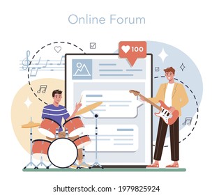 Musician online service or platform. Music artist playing instruments. Young performer making music with equipment. Online forum. Vector flat illustration.