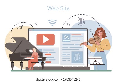 Musician online service or platform. Music artist playing instruments. Young performer making music with equipment. Website. Vector flat illustration.