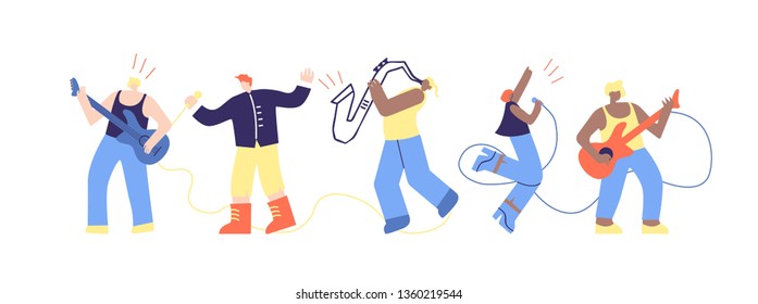 Musician People Talent Show Flat Cartoon Character Vector Illustration Man Rock Roll Band Musician Ensemble Artists Play Music Instruments Sing on Stage Concert Festival Party Marathon Live Sound