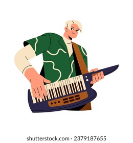 Musician performer play on retro music instrument: guitar on belt with keyboard. Member of rock group 80s hold keytar on shoulder. Keyboardist performance. Flat isolated vector illustration on white