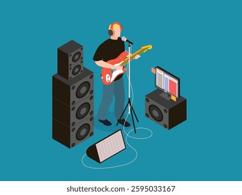 Musician Performing with Guitar and Sound Equipment 3d flat vector illustrations